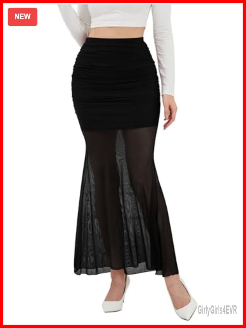 High Waist Mesh Bodycon Maxi Skirt Ruched Fishtail Mermaid Hem